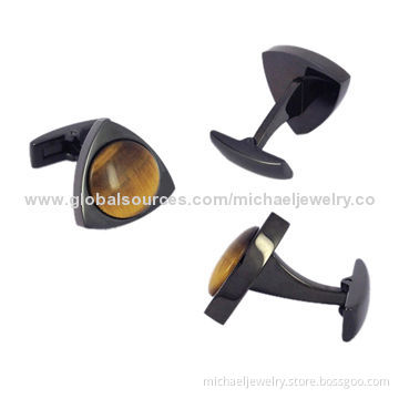 Stainless Steel Cufflinks with Plating IP Black, Inlay Tiger Eye
